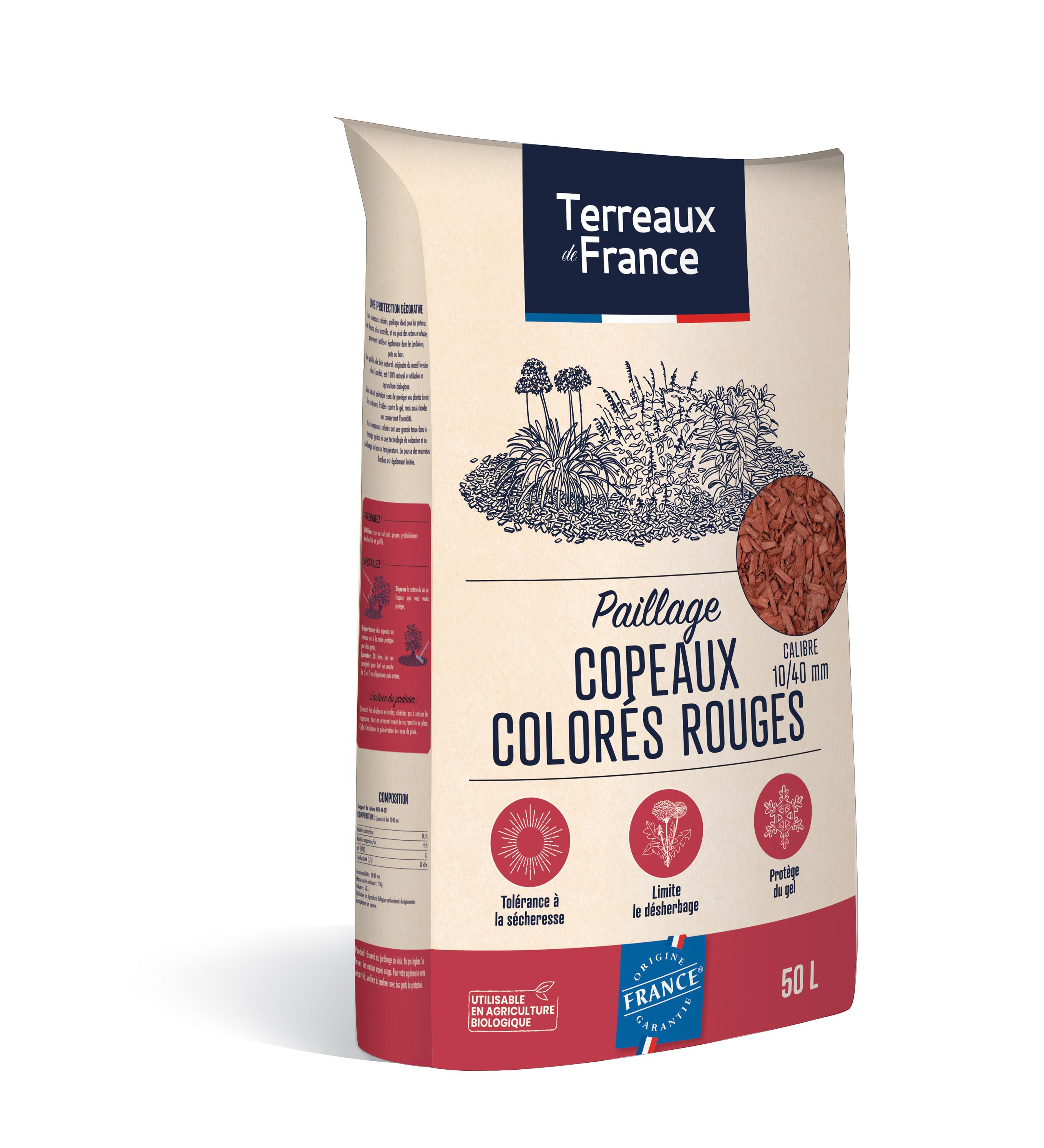 Paillage copeaux colorés rouges de la marque Terreaux de France 